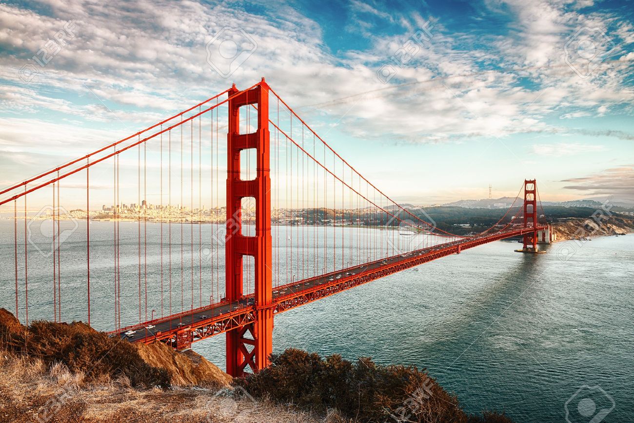 famous golden gate bridge san francisco at night usa stock photo