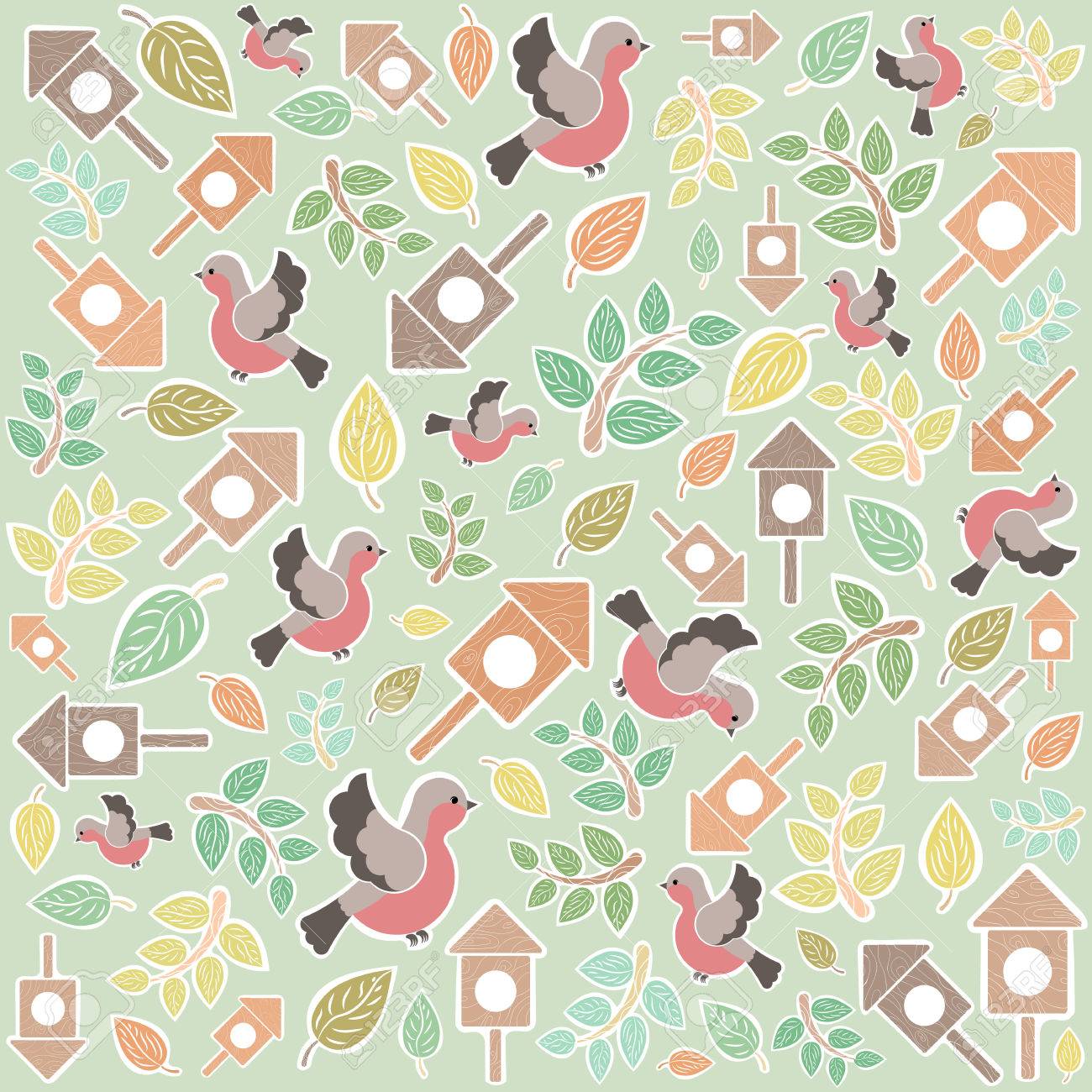 春をモチーフにした明るい背景 鳥 巣箱 葉 のイラスト素材 ベクタ Image
