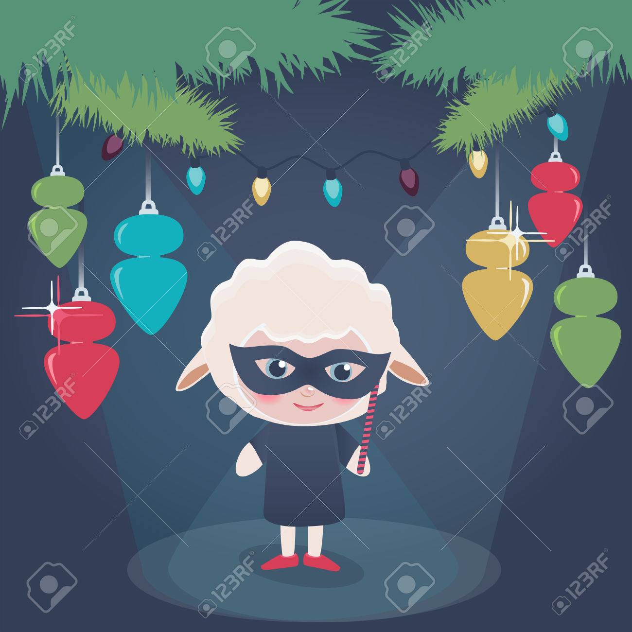 装飾やイルミネーションで飾られたクリスマス ツリーの下に立っているクリスマスのパントマイムで羊の衣装を着て 赤ちゃんのかわいいベクトル イラスト の イラスト素材 ベクタ Image