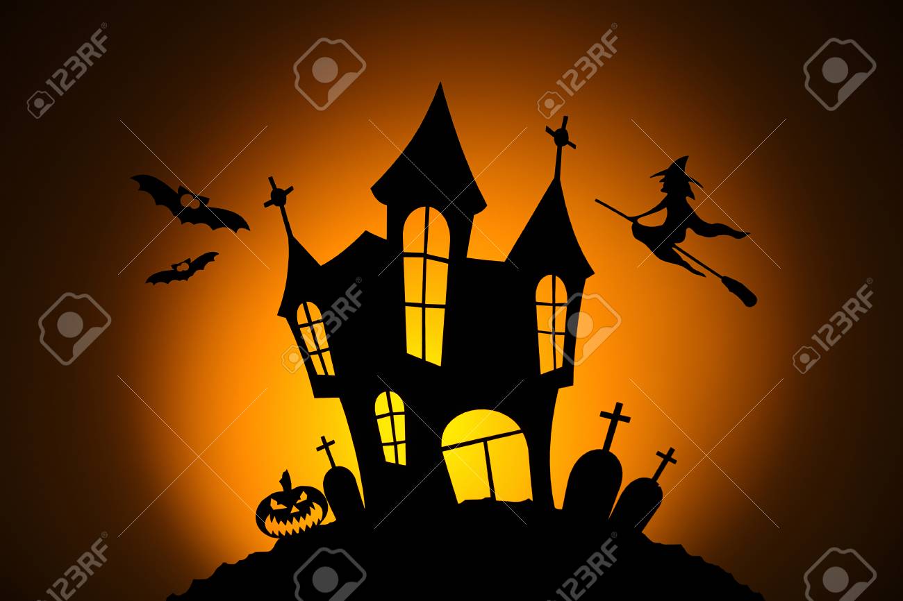 祝うハロウィーン カボチャのハロウィーン ムーン ほうきの柄 バット シルエット 墓地のシルエット お城のシルエットに魔女のシルエットを背景にシルエット の写真素材 画像素材 Image