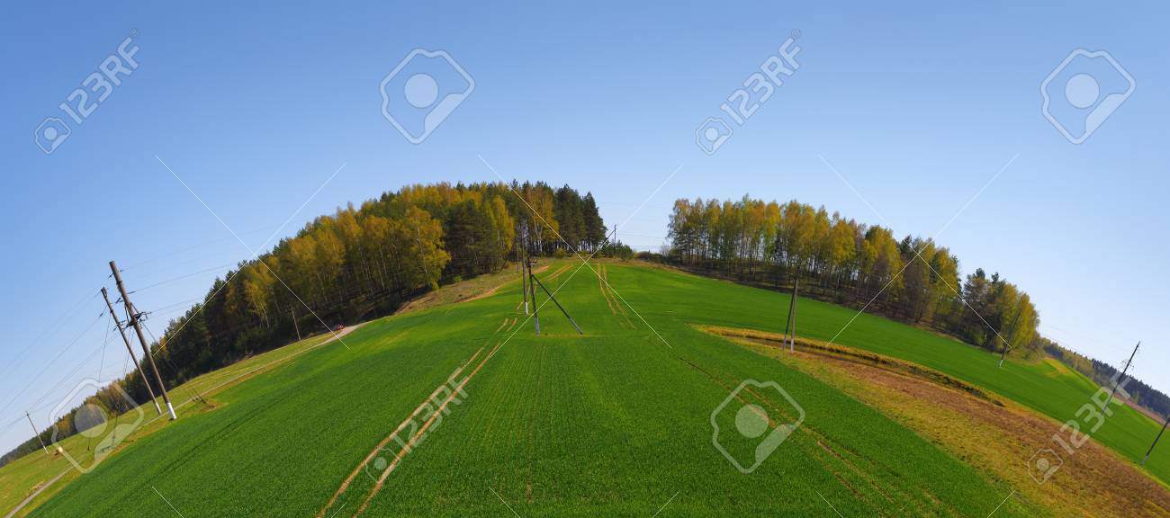 青い空 緑の野原と地平線の森の風景します 魚眼効果 の写真素材 画像素材 Image