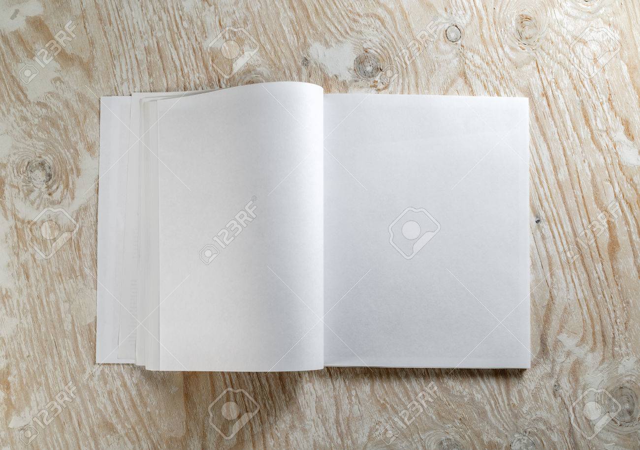 blank opened book on light wooden background with soft shadows