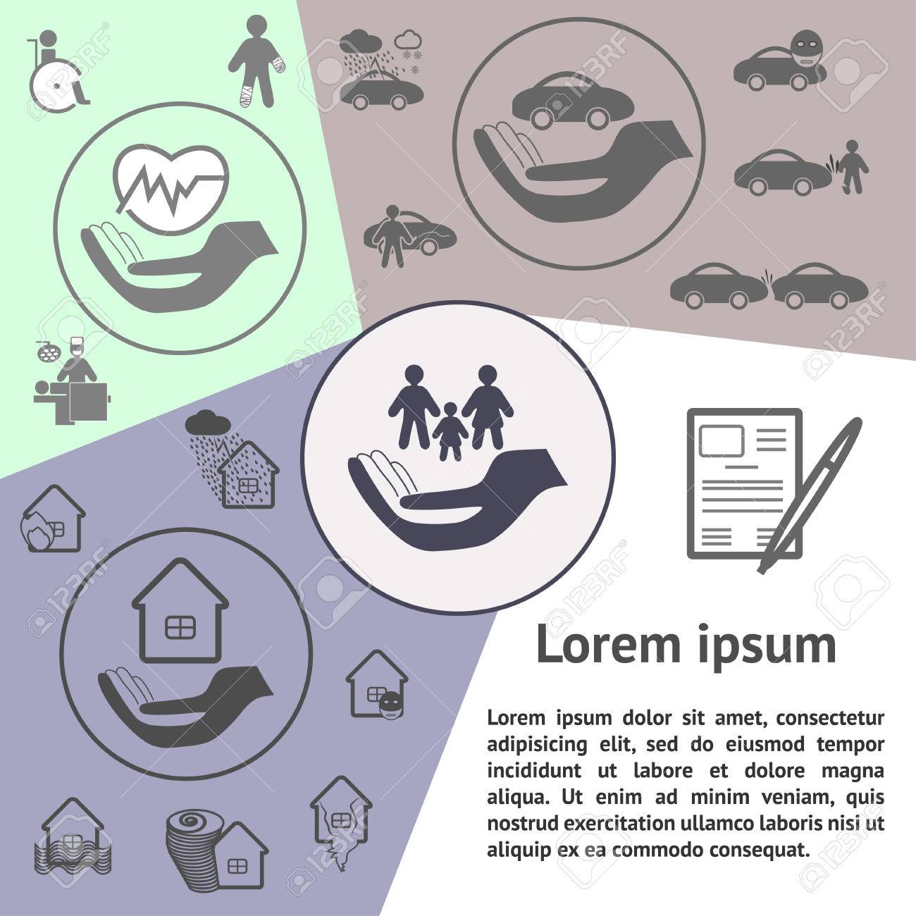 ビジネス保険テンプレート ホーム保険 自動車保険 家族と生命保険 パンフレットに使えるチラシ Wab サイトなど のイラスト素材 ベクタ Image