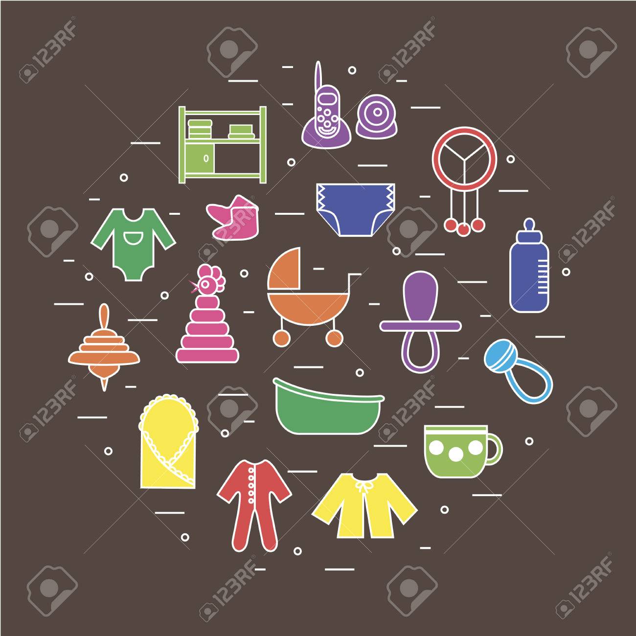 Piane icone colorate su temi bambino posti in forma del cerchio su sfondo marrone Pu²