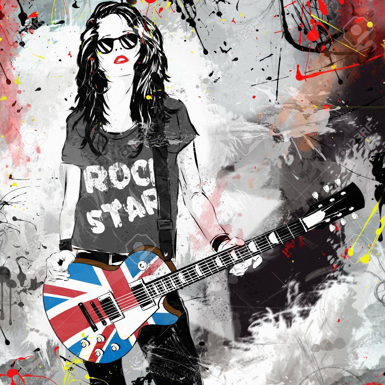 ギターとファッショナブルな女性 ロックスター グランジ イラスト の写真素材 画像素材 Image