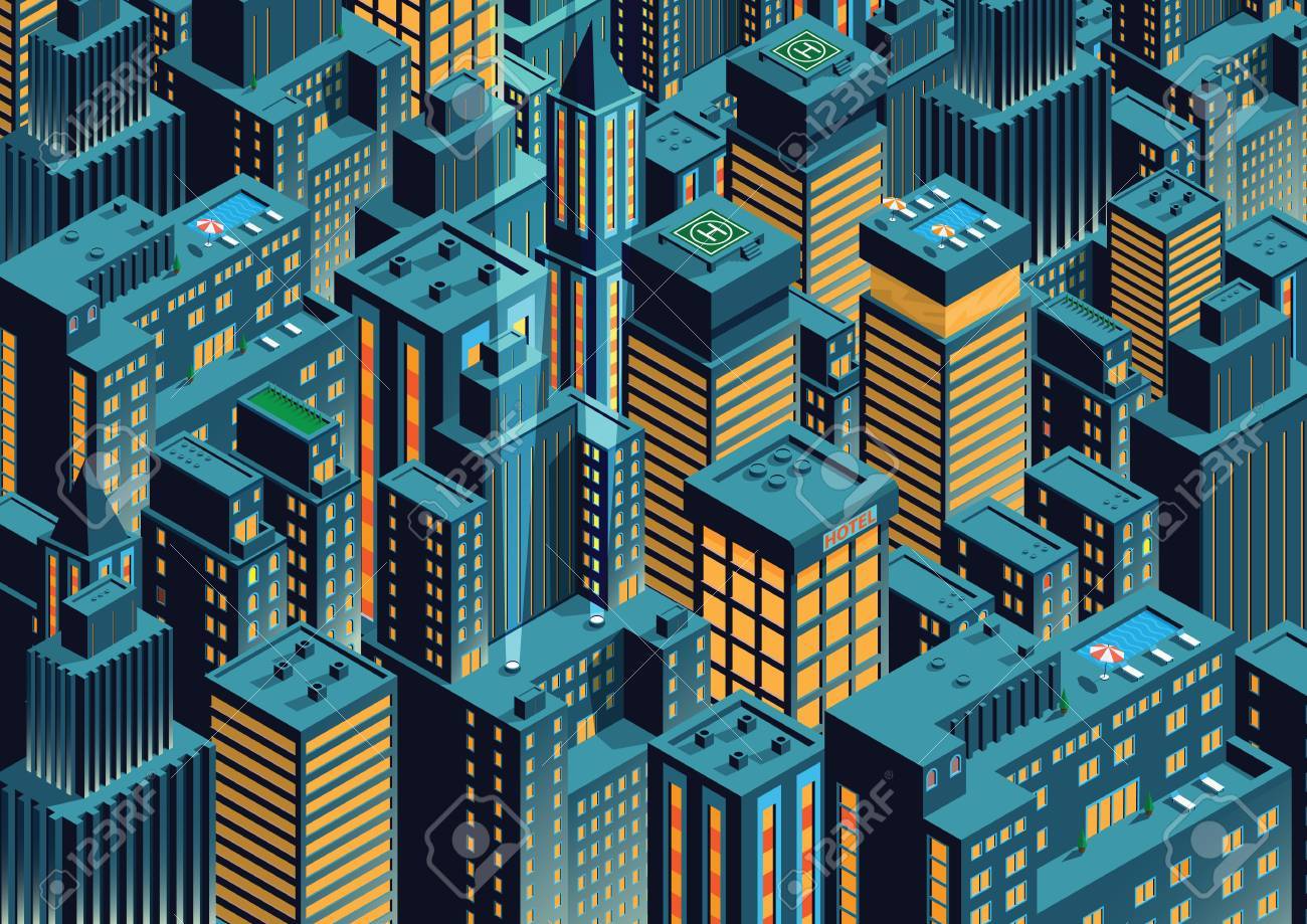 夜のニューヨーク 遠近法 漫画のスタイル のイラスト素材 ベクタ Image