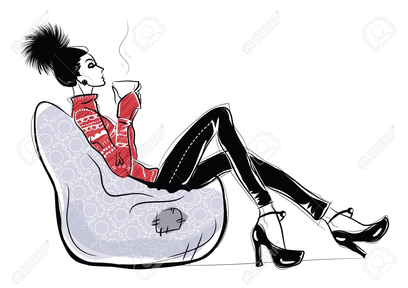 コーヒーを飲んでいる若いかわいい女性 のイラスト素材 ベクタ Image