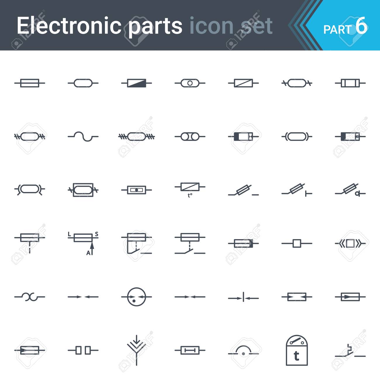 전기 및 전자 회로도 기호 및 요소 - 퓨즈 및 전기 보호 기호의 완전 한 세트 로열티 무료 사진, 그림, 이미지 그리고  스톡포토그래피. Image 88082660