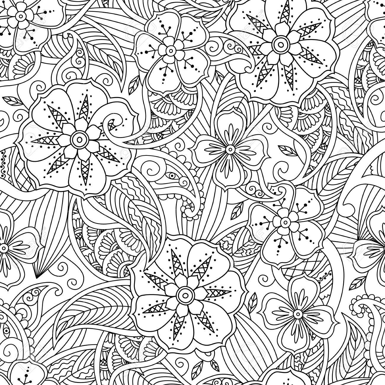 Monochrome Seamless Pattern With Flowers And Leafs In Doodle Mendie Style Coloring Page Beautiful