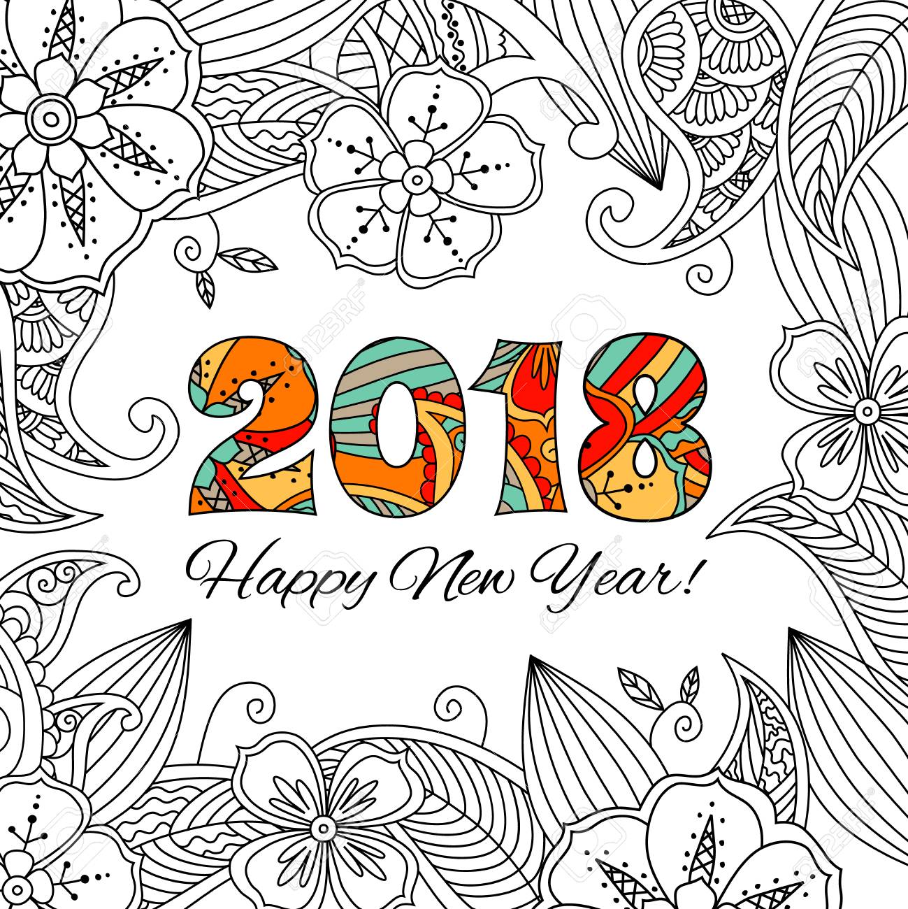 New Year Card With Numbers 18 On Floral Background Zentangle Inspired Style Zen Colorful Graphic Image For Calendar Congratulation Card Coloring Book Editable Vector Illustration Royalty Free Cliparts Vectors And Stock Illustration