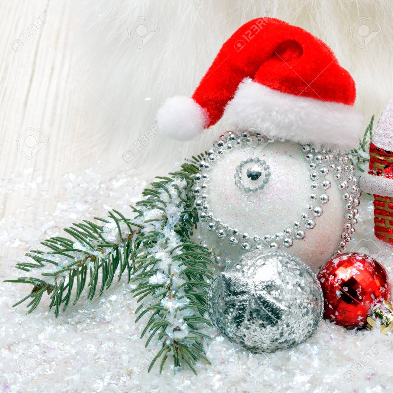 Christmas background with snow, christmas baubles and pine twigs - 90739474 Christmas background with snow, christmas baubles and pine twigs - 90739474