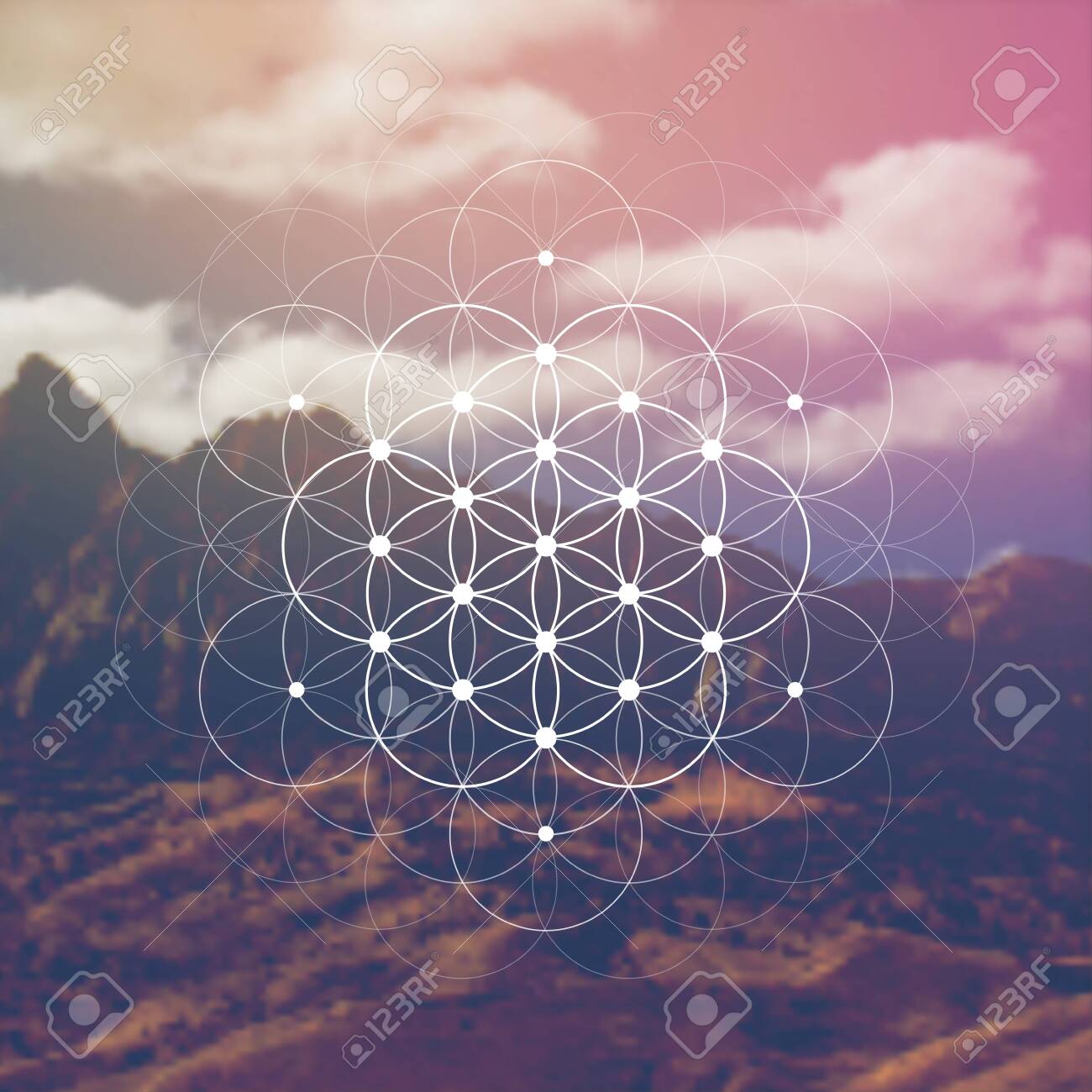 Flower Of Life Sacred Geometry Illustration With Intelocking Circles And  Light Dots In Front Of Photographic Background. Hipster Tree Of Life Sci Fi  Art. Royalty Free SVG, Cliparts, Vectors, and Stock Illustration., image size:1300x1300