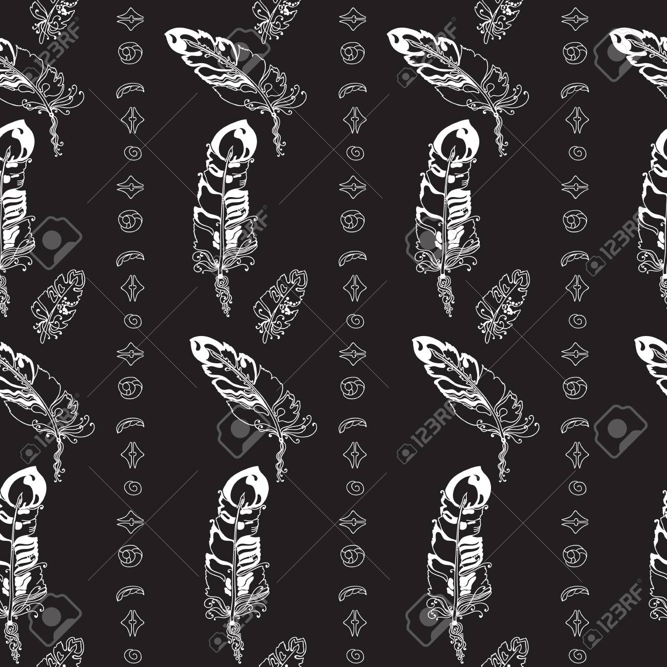 羽と黒い背景にビーズの抽象的なシームレス パターン デザインと装飾織物 カバー パッケージ 包装紙に描かれた背景を手します のイラスト素材 ベクタ Image