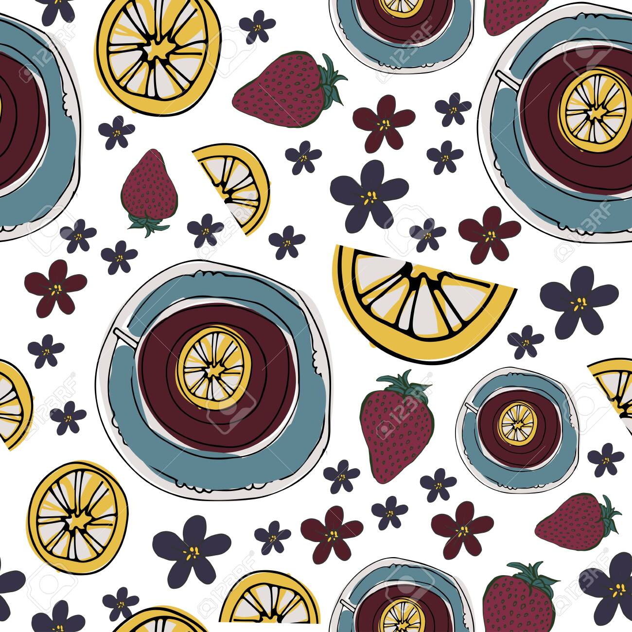 Tea, strawberry , flowers relax seamless pattern for your design: posters, banners, mock ups - 118664366 Tea, strawberry , flowers relax seamless pattern for your design: posters, banners, mock ups - 118664366