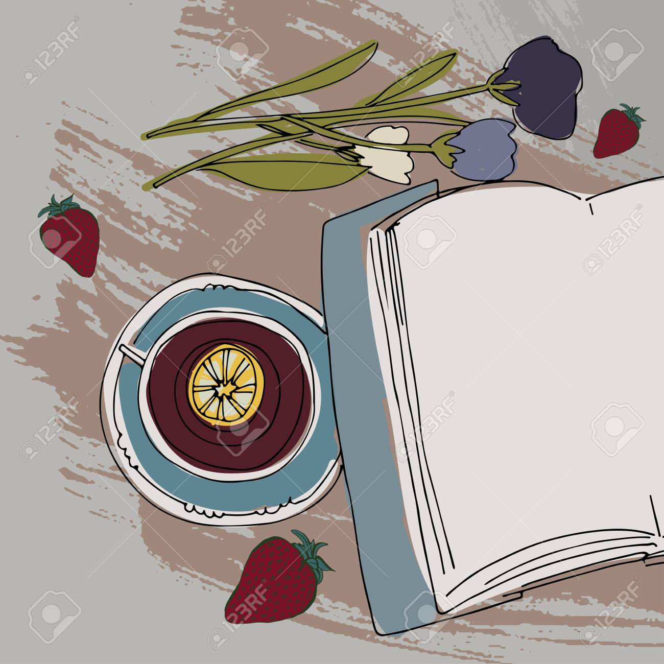 Tea, book, flowers relax illustration for your design: posters, banners, mock ups - 118664452 Tea, book, flowers relax illustration for your design: posters, banners, mock ups - 118664452