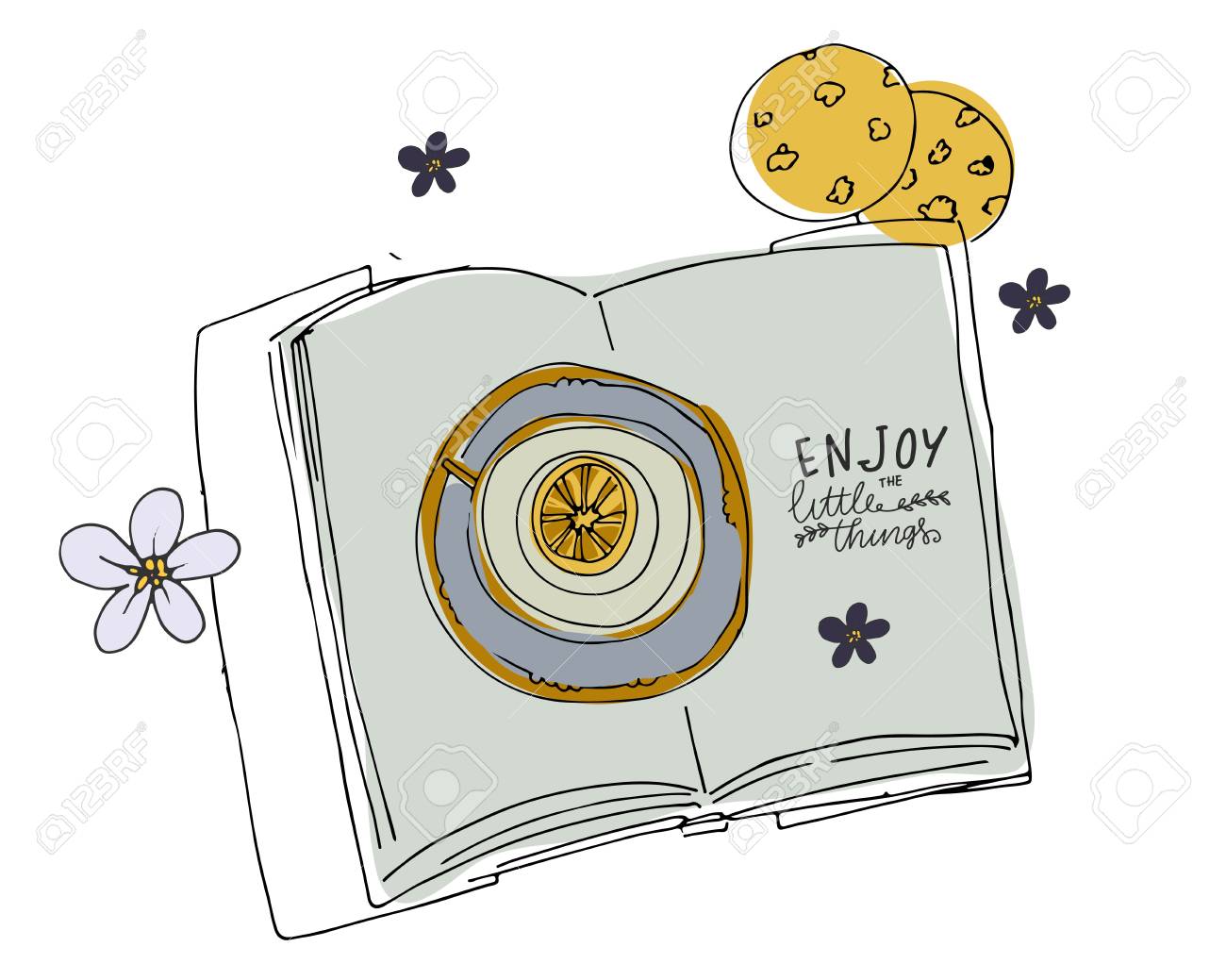 Enjoy the little things. Hand lettering quote, book and tea illustration for your design - 118664696 Enjoy the little things. Hand lettering quote, book and tea illustration for your design - 118664696
