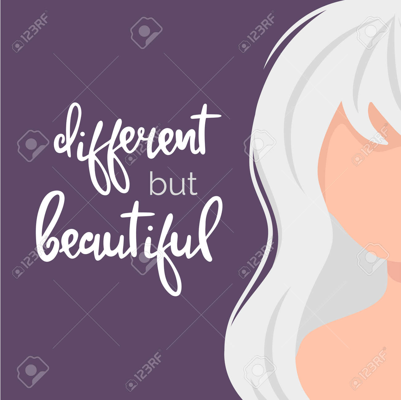 Portrait Of A Woman With White Hair And Pale Skin. Hand Drawn Calligraphy Inspirational  Quotes. Body Positive Concept. International Albinism Awareness Day June  13. Vector Flat Isolated Illustration. Клипарты, SVG, векторы, и
