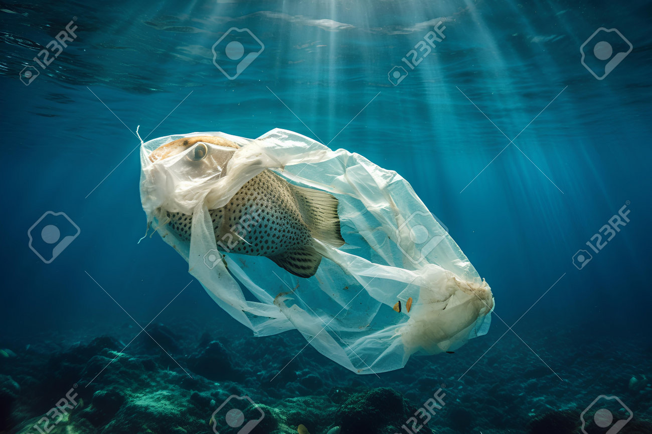 プラスチック汚染のコンセプト。AIが生成したビニール袋に海の魚