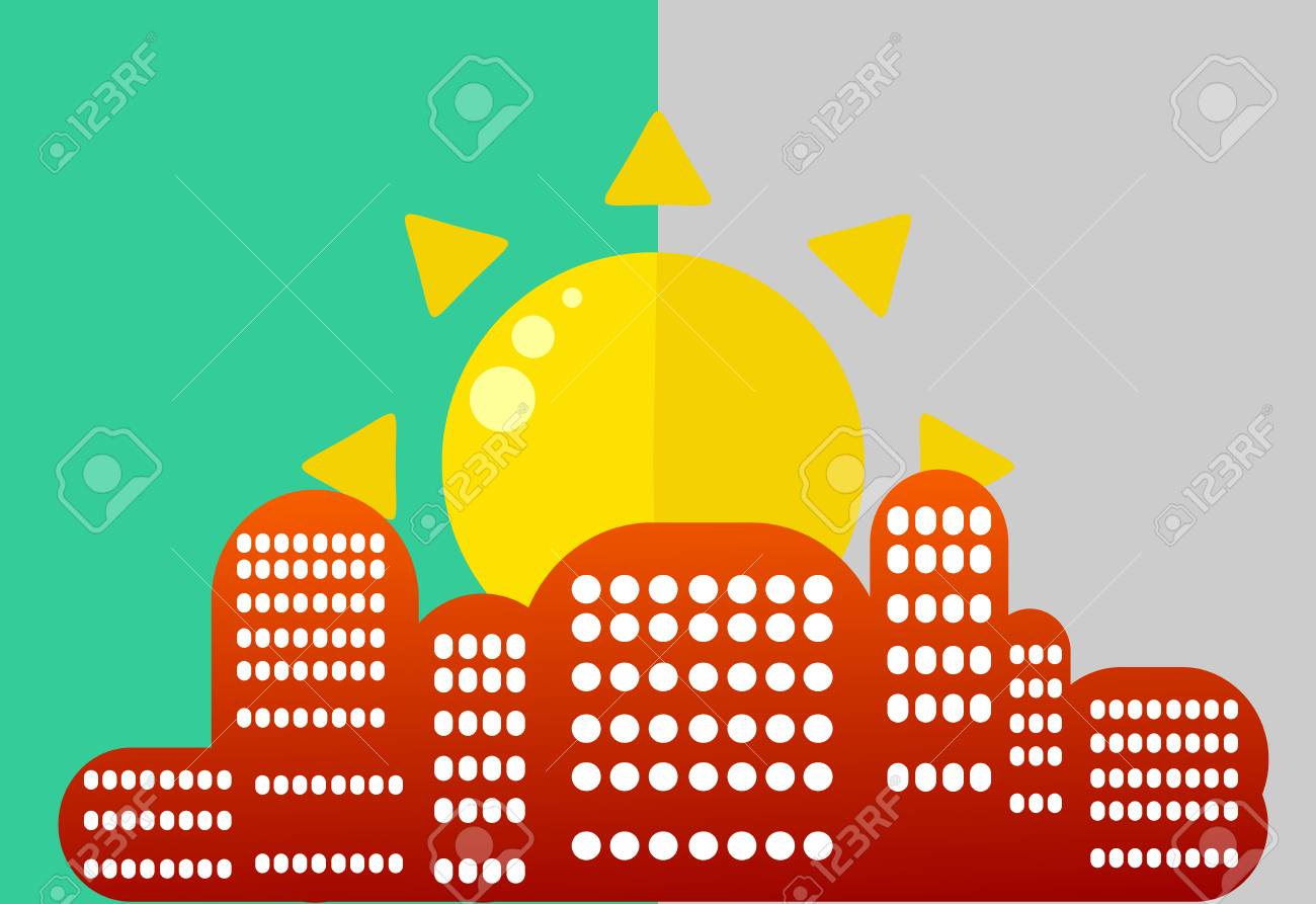 市内の太陽。美しく、シンプルな横長平らな青い空。前面に窓が建物のシルエット。