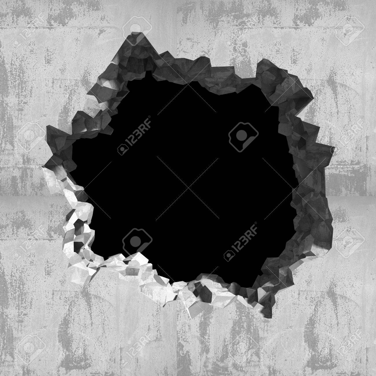 コンクリートのひびの入った壁に穴を爆発 産業の背景 3 D レンダリング図 の写真素材 画像素材 Image