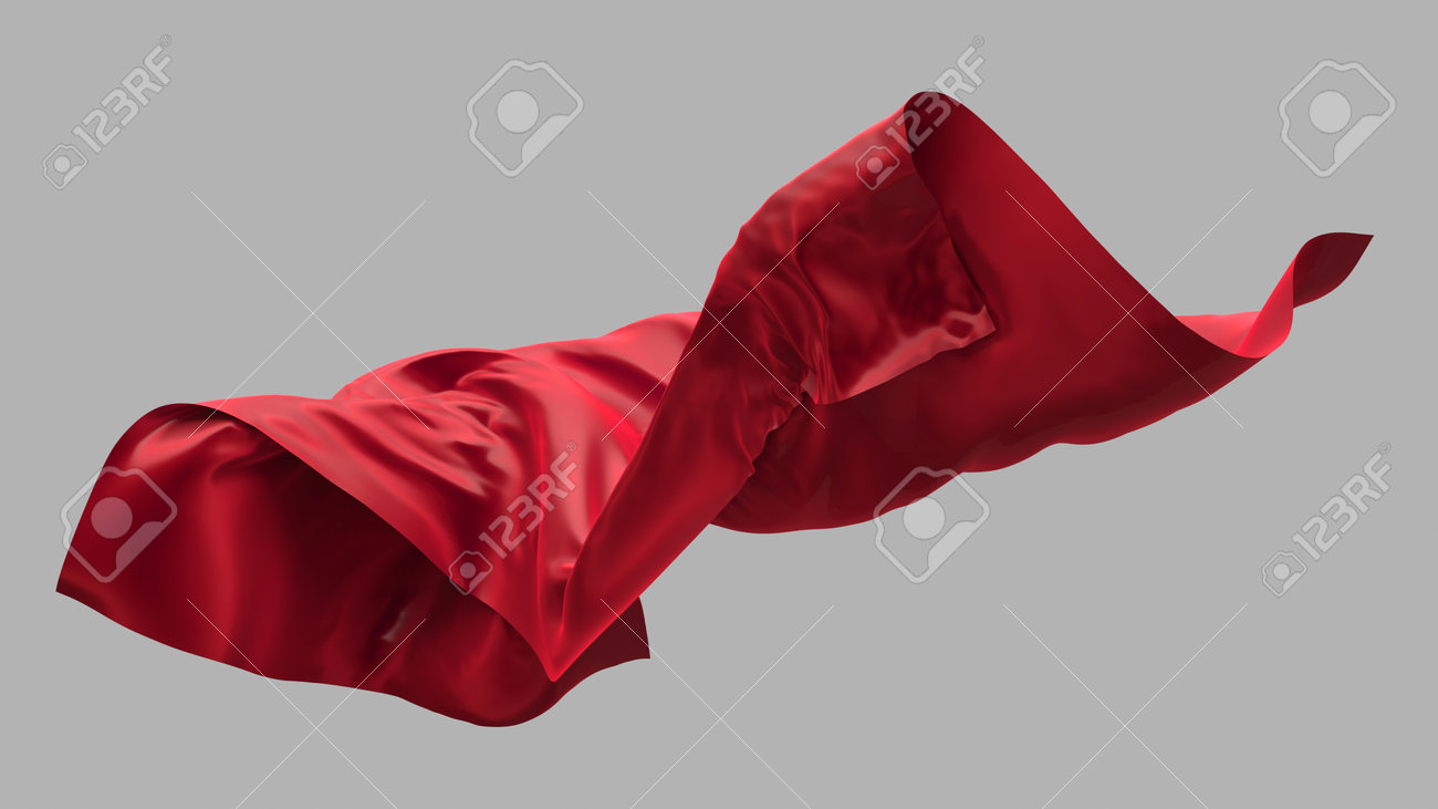 抽象的な赤い布が落ちる。風になびくサテン生地。3Dレンダリングの写真