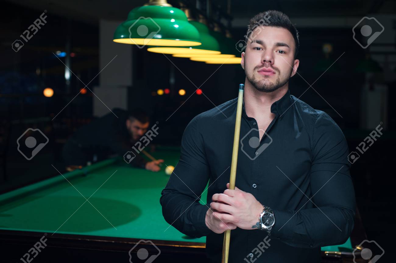 Two Male Adults Playing Snooker Game In Club Stock Photo Picture