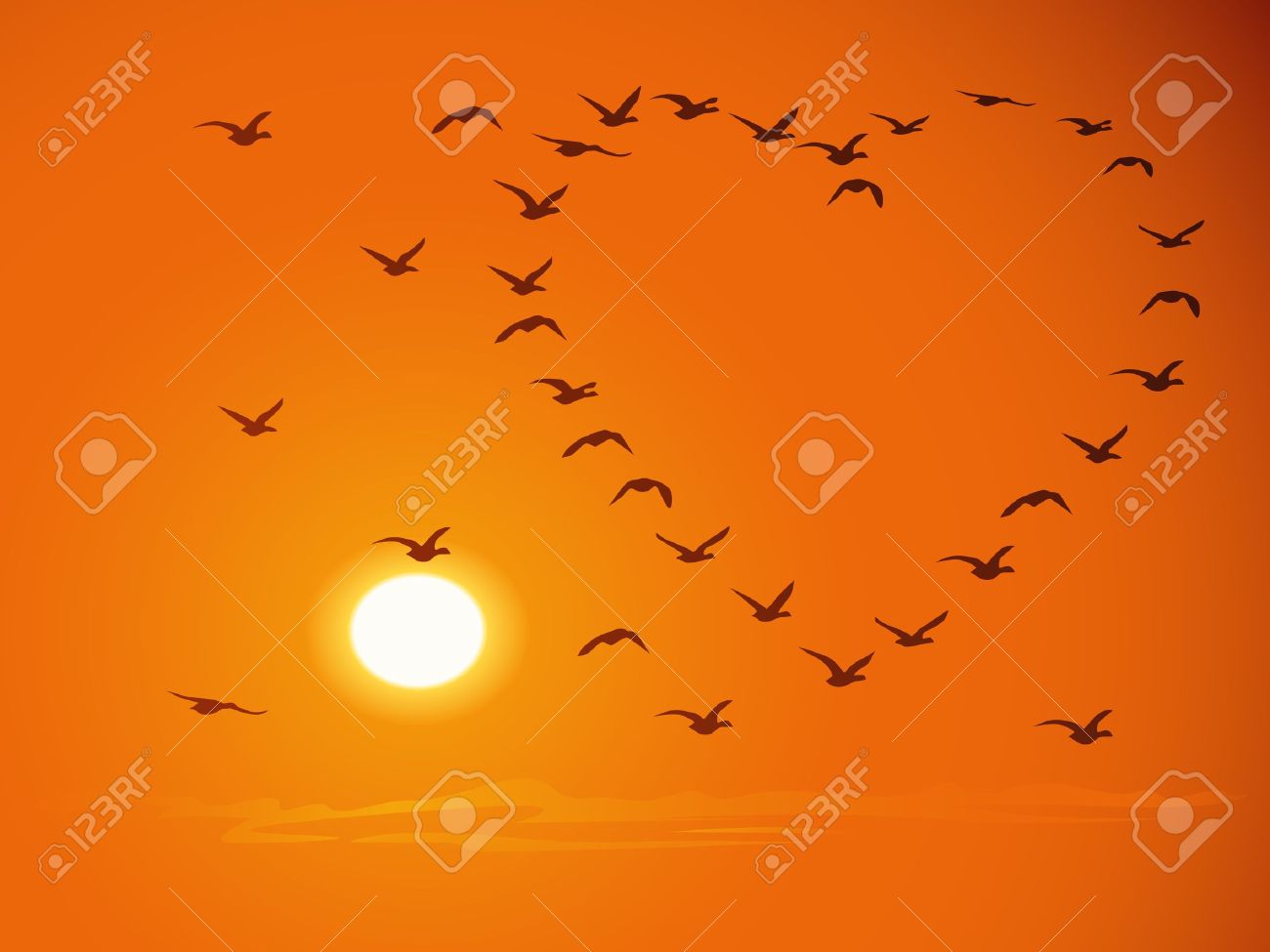 Silhouettes of flying flock birds (in shape of heart) against a sunset and the orange sky. - 16449898 Silhouettes of flying flock birds (in shape of heart) against a sunset and the orange sky. - 16449898