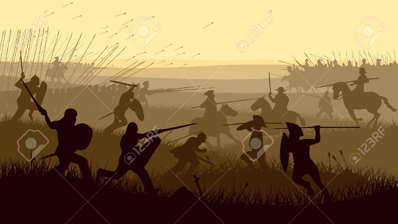 Horizontal vector illustration of battle fighting swordsmen, spearmen and cavalry in the battle field. - 19195818 Horizontal vector illustration of battle fighting swordsmen, spearmen and cavalry in the battle field. - 19195818