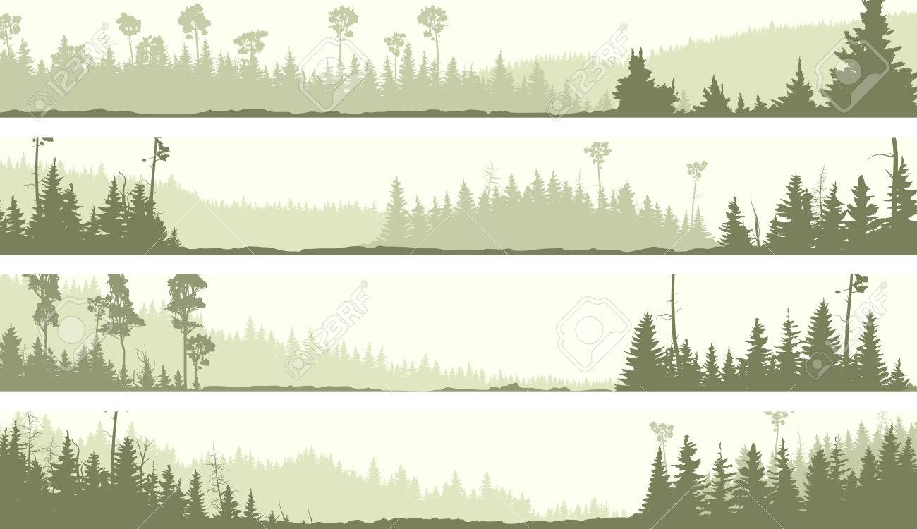 set vector horizontal banners of misty coniferous forest hills