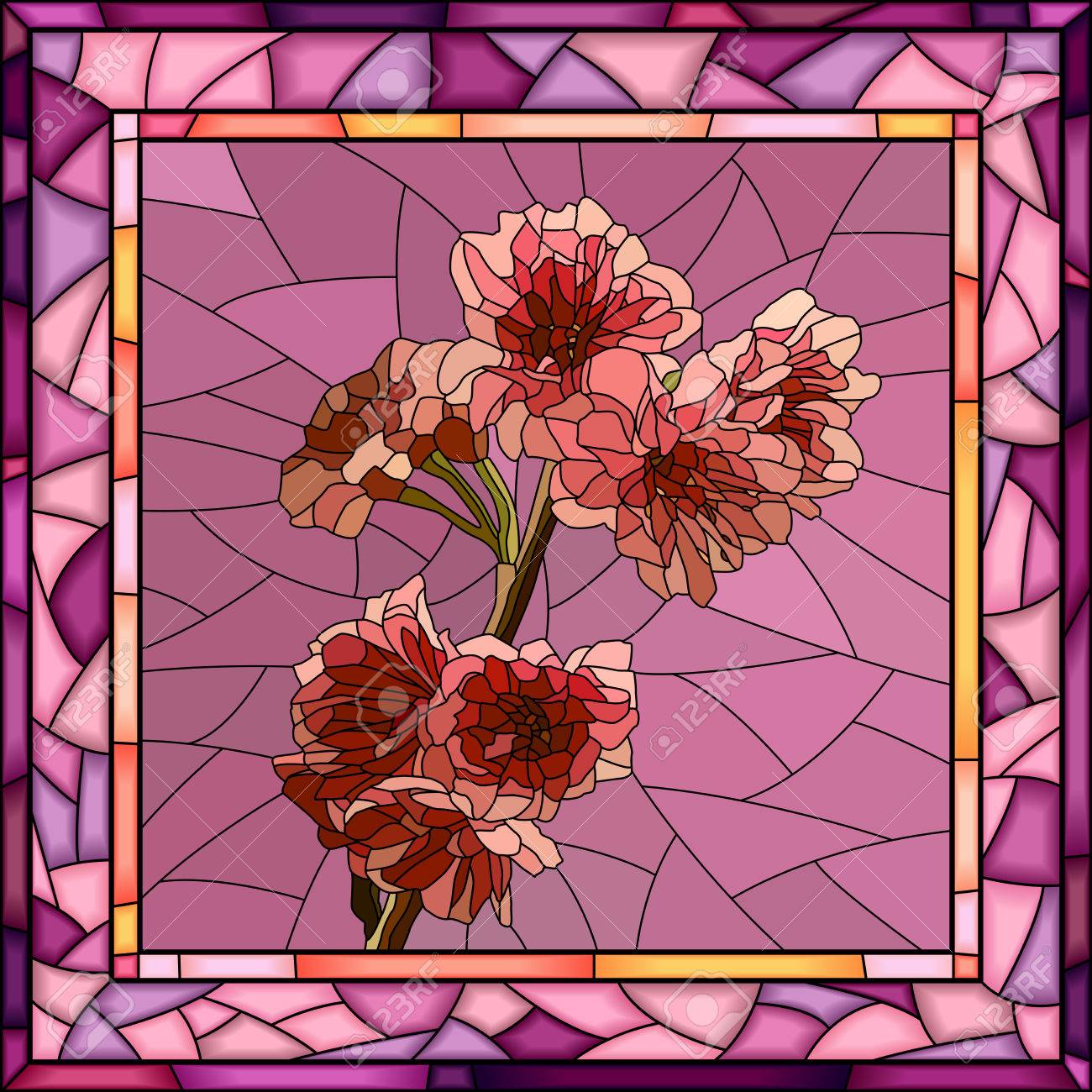 正方形のステンド グラスの窓のフレームにパープルの花を持つピンクの