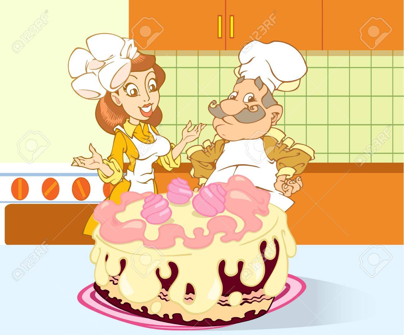 La Figure Montre Une Femme Et Un Homme Les Cuisiniers Dans La Cuisine Ils Ont Fait Un Beau Gros Gateau Illustration Faite Dans Le Style Bande Dessinee Sur Des Calques Separes Clip
