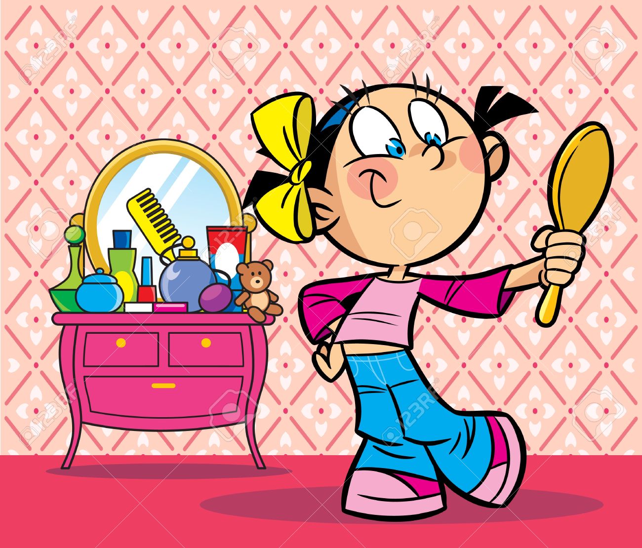 In The Picture Fun Girl In The Mirror Admiring Themselves.It Is In The Room  Beside The Table With Makeup. Illustration Done In Cartoon Style, On  Separate Layers. Royalty Free SVG, Cliparts, Vectors,, image size:1300x1110