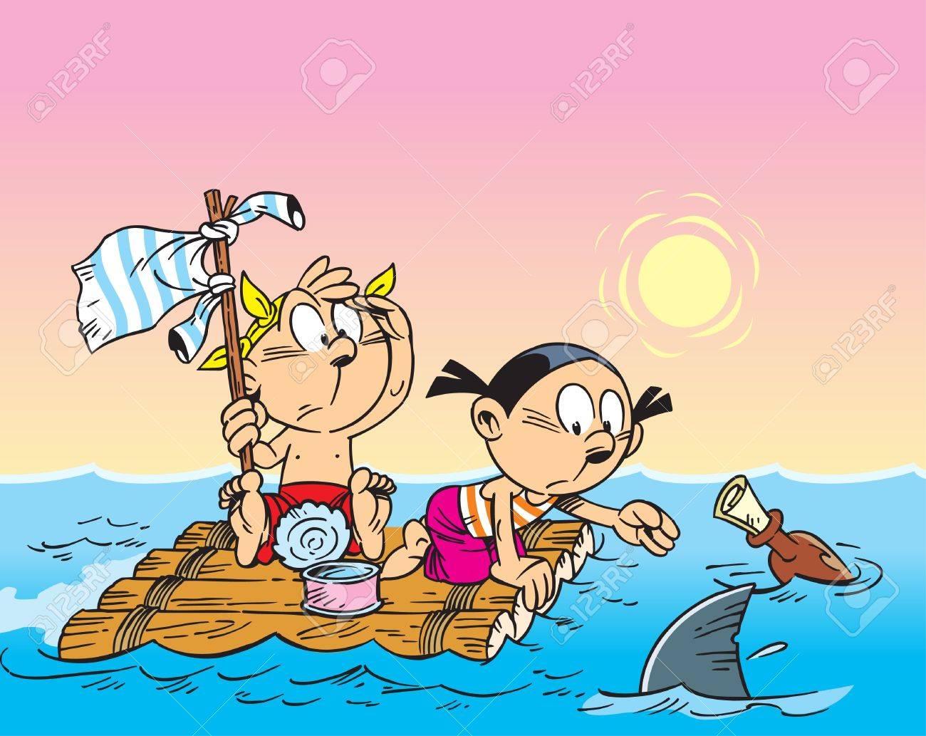 図には 男の子と女の子の冒険のゲームをプレイしています 彼らはいかだで海で泳ぐ のイラスト素材 ベクタ Image