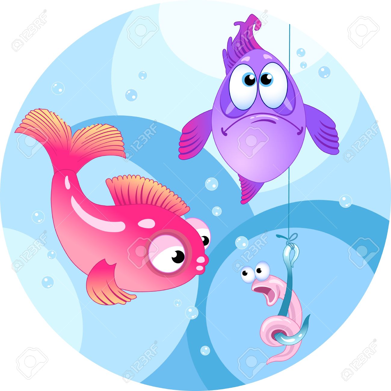 図には 2 つの色の魚です 彼らは面白いワームとフックを見ています イラスト漫画のスタイルは 別のレイヤー上で行われます のイラスト素材 ベクタ Image