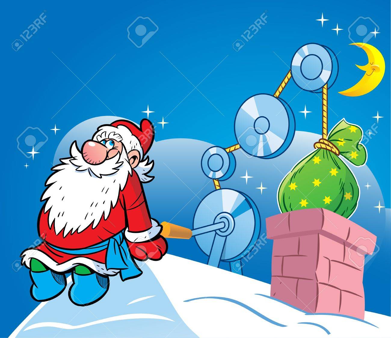 Cartoni Animati Sul Natale.Vettoriale La Figura Mostra Un Divertente Babbo Natale Che E Seduto Sul Tetto Della Casa Abbassa I Doni Tubo Borse Con Un Argano Illustrazione Fatto In Stile Cartone Animato Su Livelli