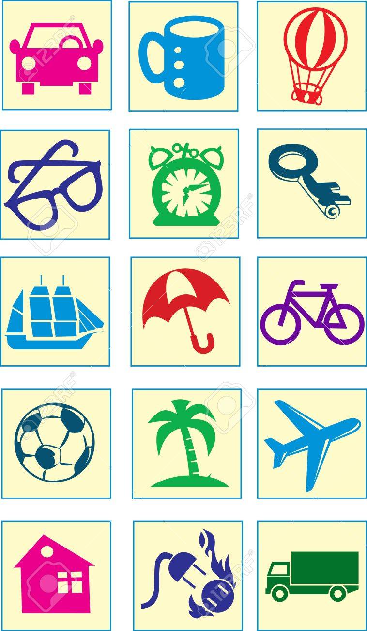 La Ilustración Muestra Varios Iconos Que Representan A Los Distintos Tipos De Transporte, Los Objetos Y Los Sujetos Del Hecho En Estilo De Dibujos Animados, En Capas Separadas Ilustraciones Svg, Vectoriales, Clip La Ilustración Muestra Varios Iconos Que Representan A Los Distintos Tipos De Transporte, Los Objetos Y Los Sujetos Del Hecho En Estilo De Dibujos Animados, En Capas Separadas Ilustraciones Svg, Vectoriales, Clip