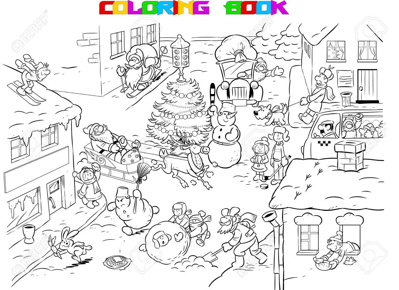 Immagini Di Babbo Natale In Bianco E Nero.Vettoriale La Figura Mostra La Citta In Festa Prima Di Natale Babbo Natale In Fretta Per Le Vacanze Con I Regali Un Bellissimo Albero Di Natale Si Trova In Strada E