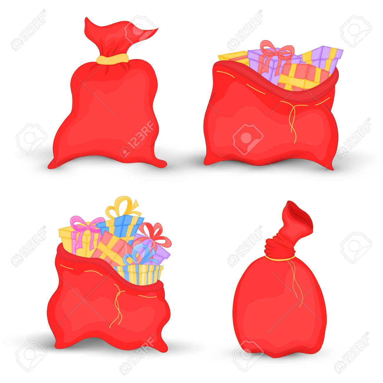 Fiocchi Per Regali Di Natale.Vettoriale Set Bags Babbo Natale E Pieno Di Regali Luminosi Con Fiocchi Per Bambini Illustrazione Di Sacchetti Rossi Di Natale Collezione Del Nuovo Anno Isolato Su Sfondo Bianco Image 87856759