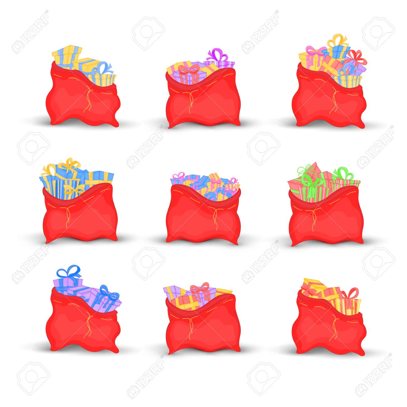 Fiocchi Per Regali Di Natale.Vettoriale Set Bags Babbo Natale E Pieno Di Regali Luminosi Con Fiocchi Per Bambini Illustrazione Di Sacchetti Rossi Di Natale Collezione Del Nuovo Anno Isolato Su Sfondo Bianco Image 87856805