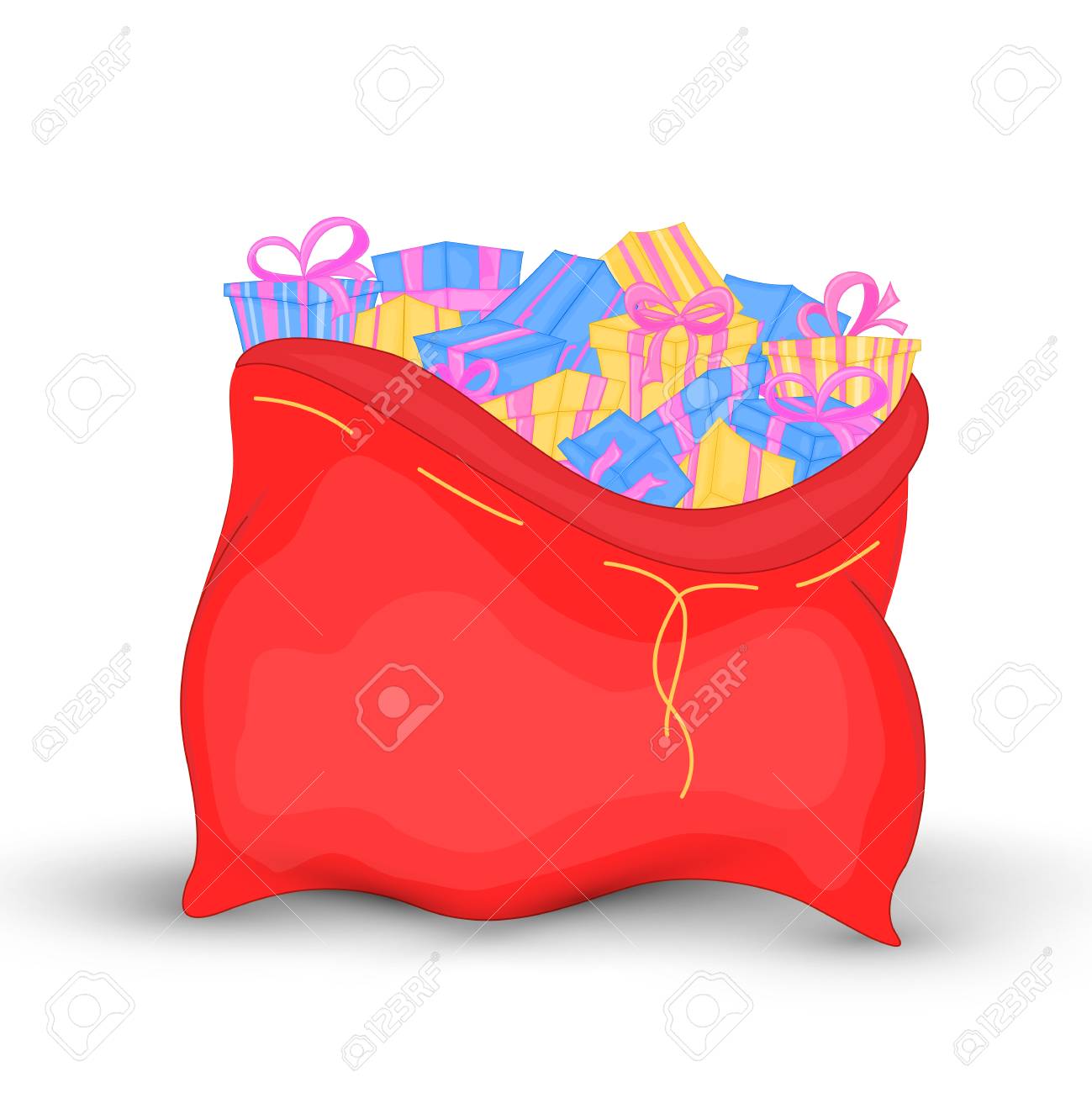 Fiocchi Per Regali Di Natale.Vettoriale Borsa Babbo Natale E Pieno Di Regali Luminosi Con Fiocchi Per Bambini Illustrazione Della Borsa Rossa Di Natale Collezione Del Nuovo Anno Isolato Su Sfondo Bianco Image 87856910