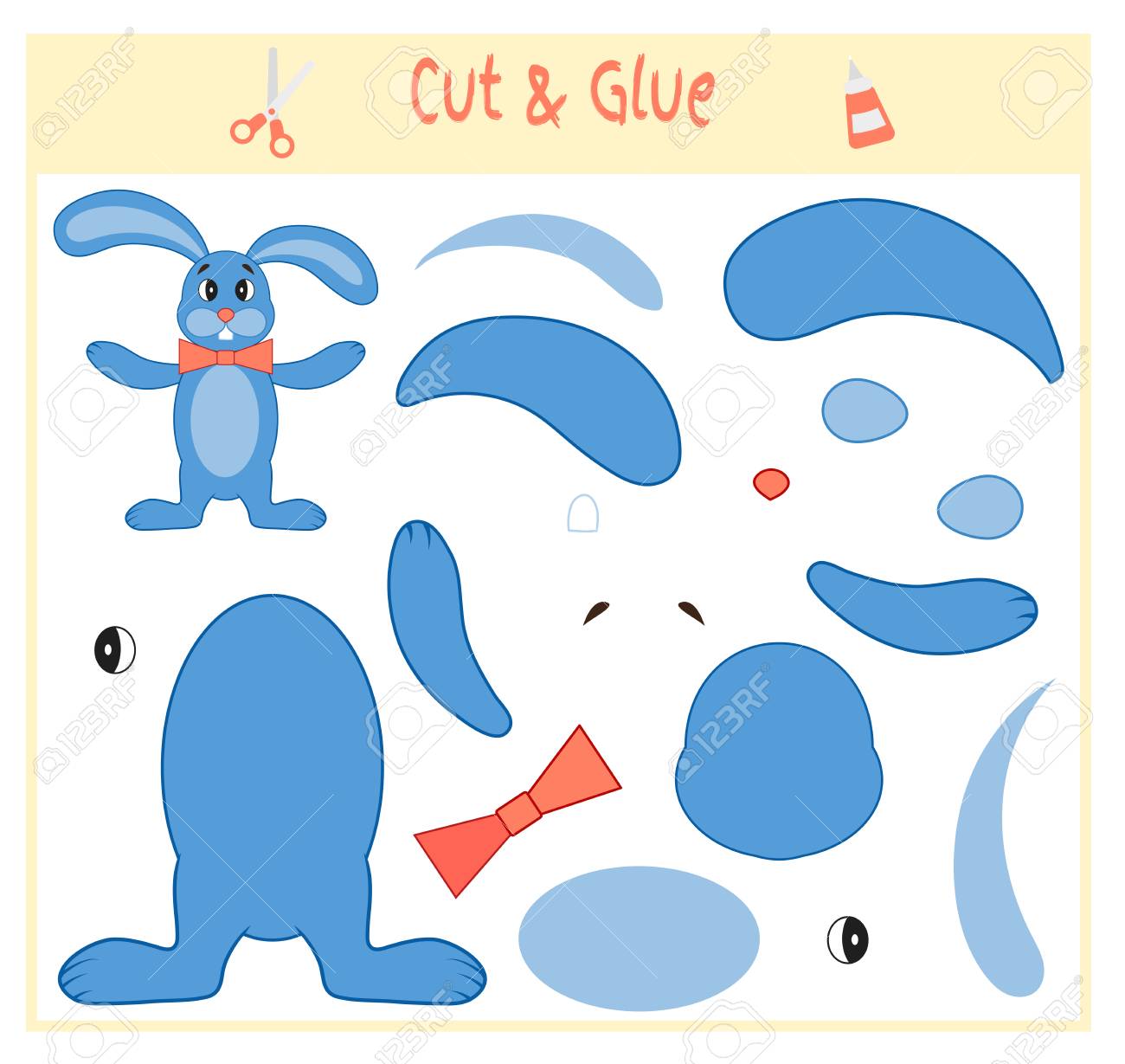 就学前の子供の開発のための教育ペーパーゲーム 画像の一部を切り取り 用紙に接着します ベクトルイラスト ハサミと接着剤を使用 して アプリケを作成します ウサギ のイラスト素材 ベクタ Image
