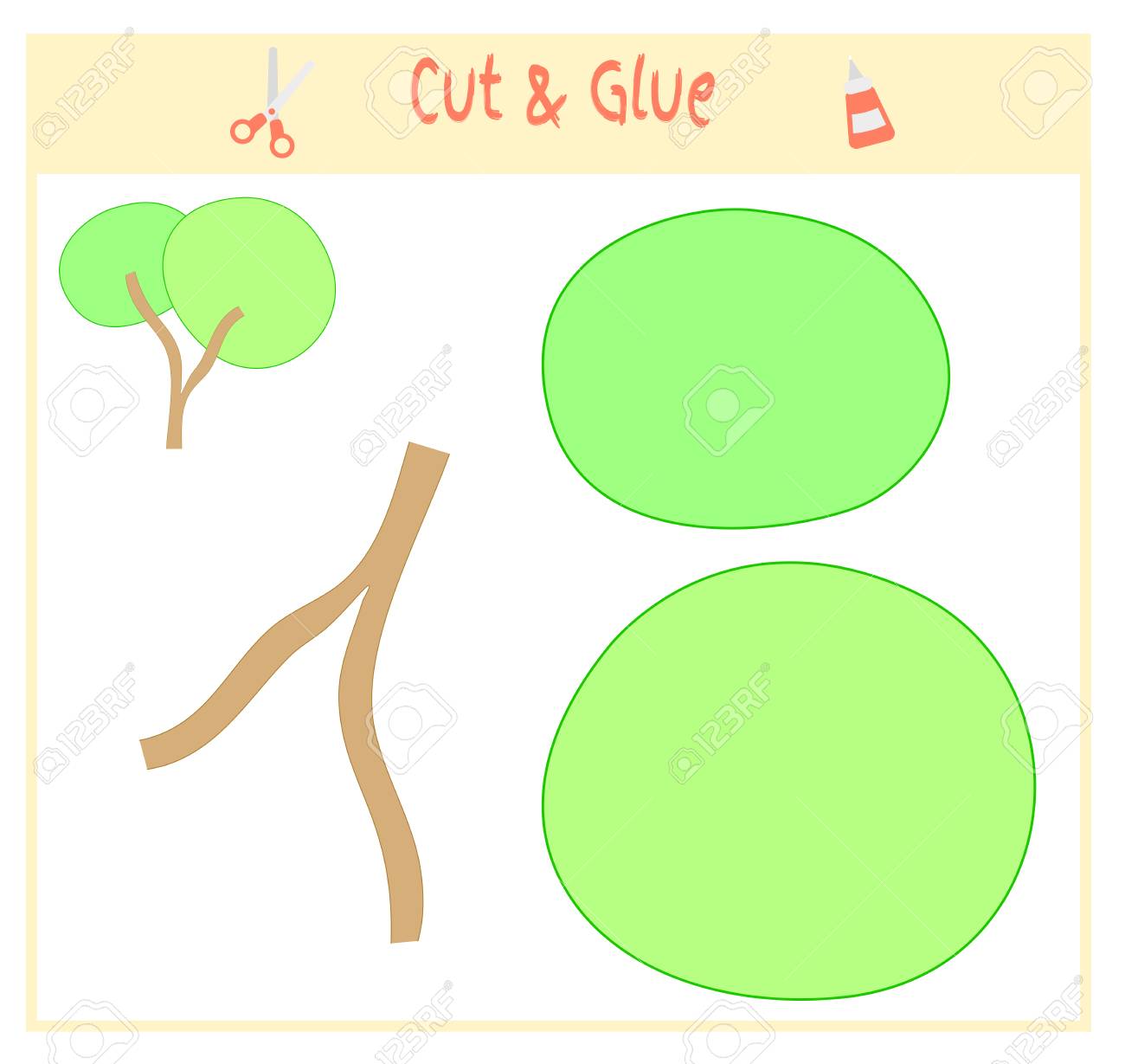就学前の子供の開発のための教育ペーパーゲーム 画像の一部を切り取り 用紙に接着します ベクトルイラスト ハサミと接着剤を使用 して アプリケを作成します 緑の木のイラスト素材 ベクタ Image