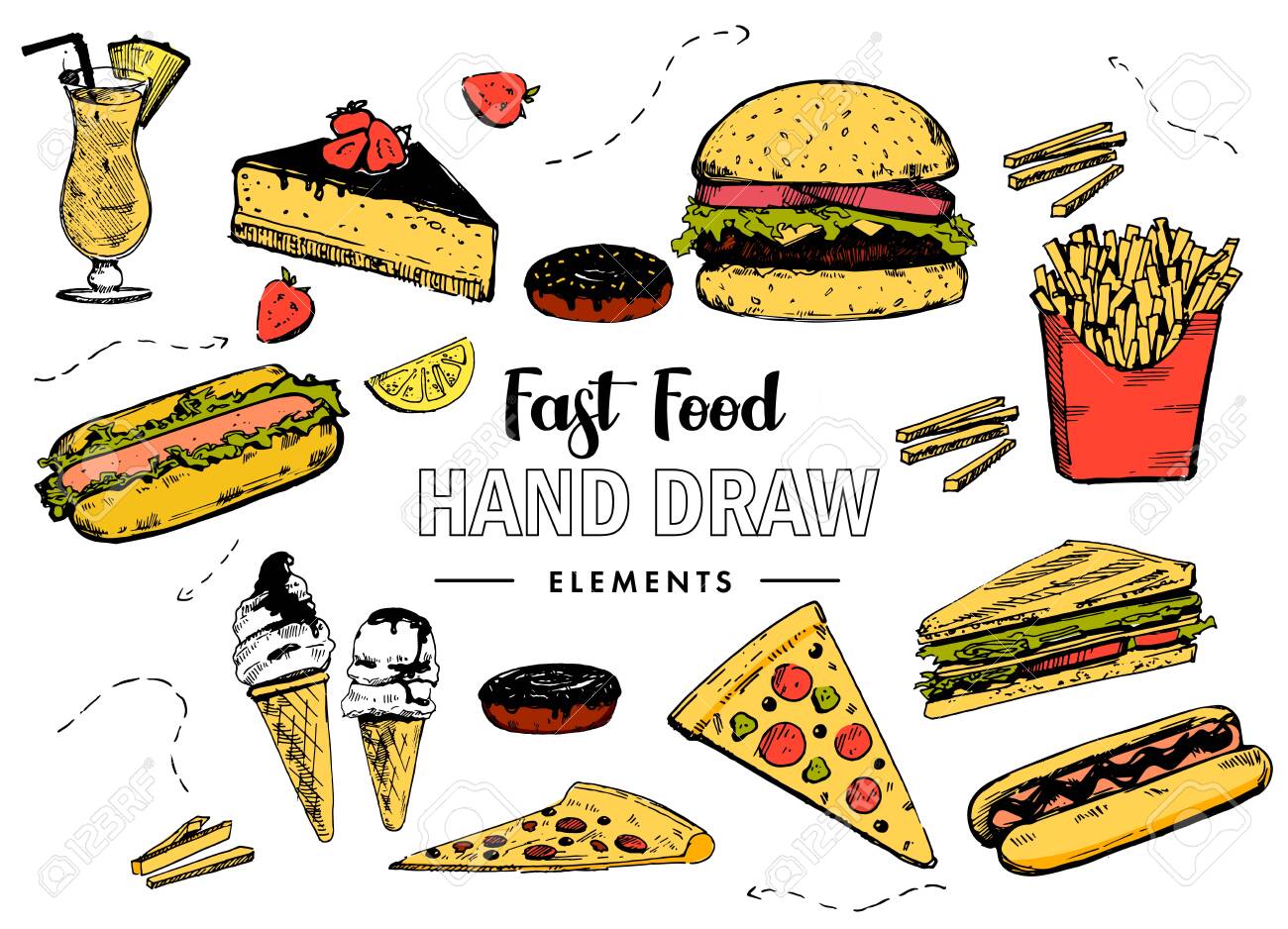 Set With Fast Food Illustration. Sketch Vector Illustration. Fast Food  Restaurant, Fast Food Menu. Hamburger, Hot Dog, Sandwich, Snacks, Waffles,  Pizza, French Fries, Ice Cream, Donuts, Burger, Sauce Royalty Free SVG,  Cliparts,, image size:1300x938