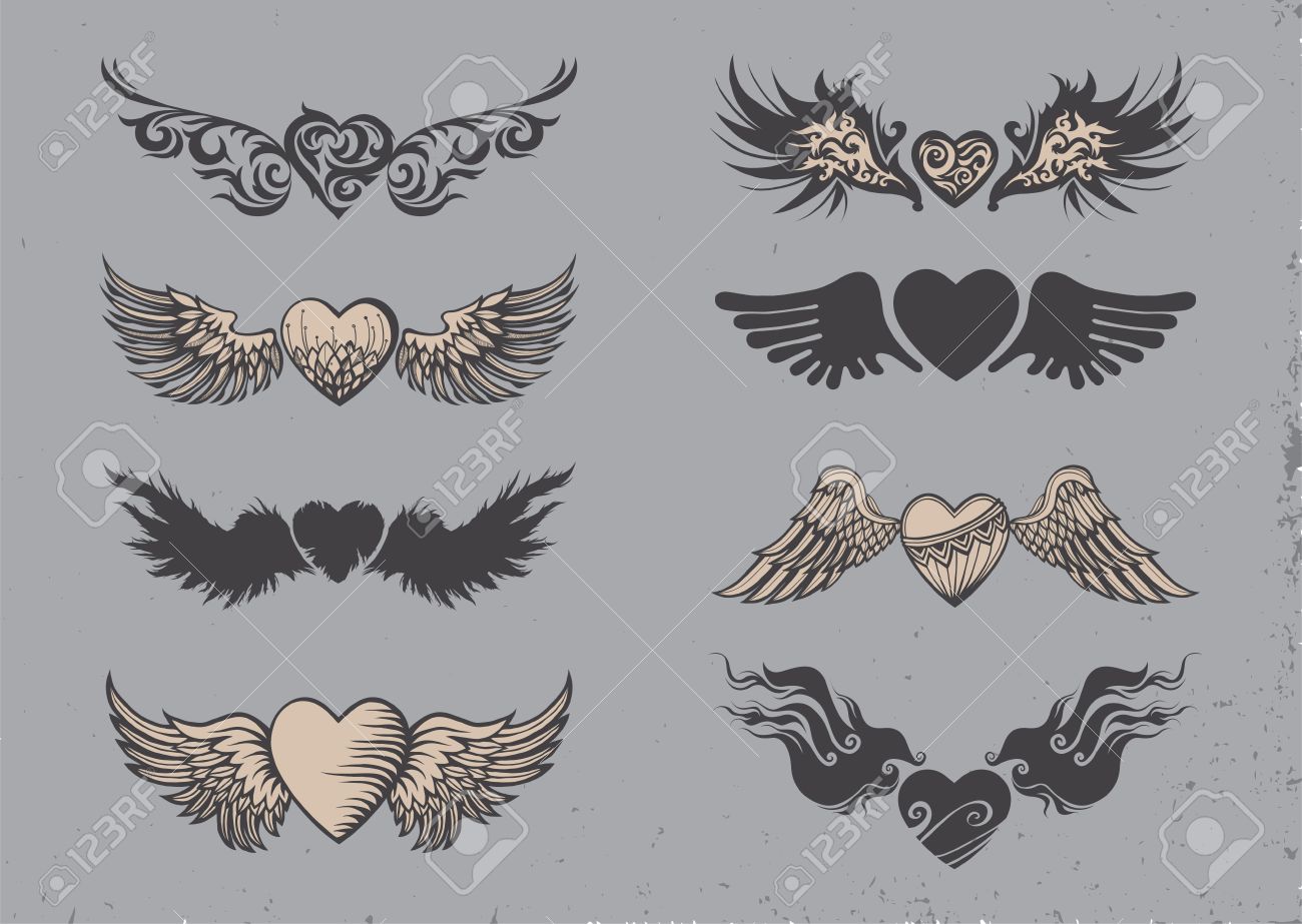 Set Tattoo Schwarze Herzen Mit Flugeln Lizenzfrei Nutzbare Vektorgrafiken Clip Arts Illustrationen Image 35368664