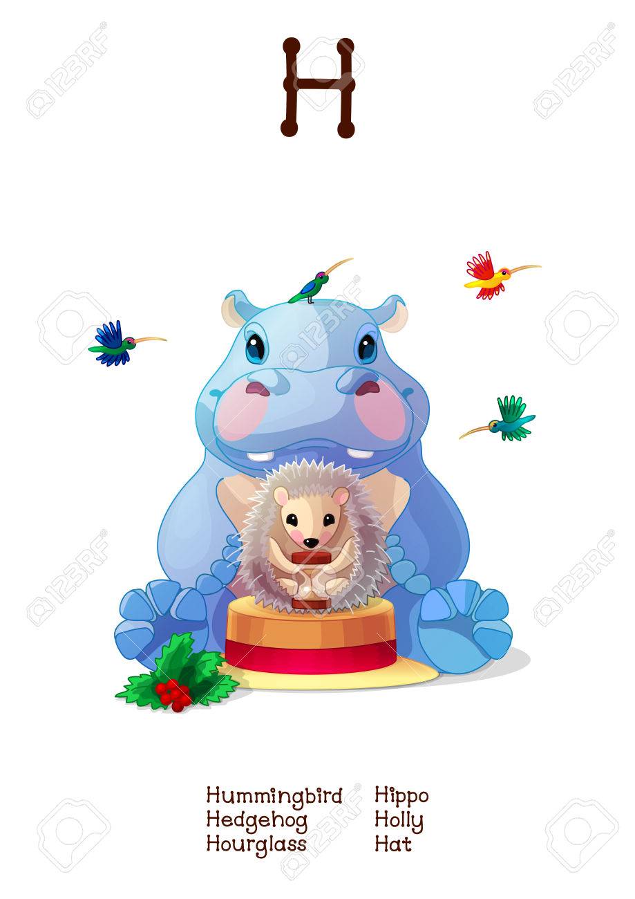 Vettoriale Serie Di Alfabeti Inglese Di Animali Divertenti Illustrazione Del Fumetto Per La Lettera H Colibri Hedgehog Holly Cappello Ippopotamo Clessidra Collezione Di Manifesti Di Animali Abc Arte Da Parete Per