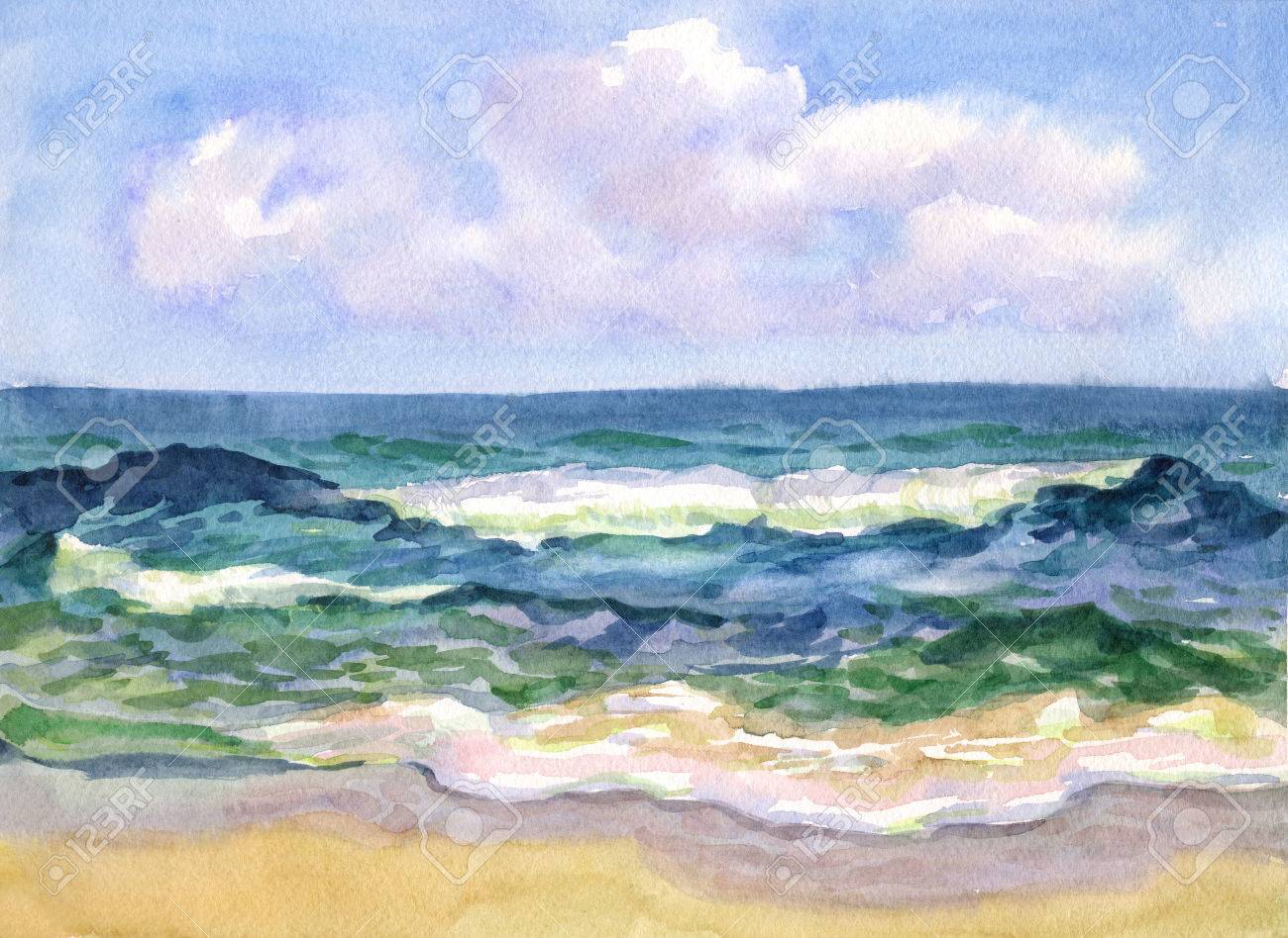 海の波のイメージと水彩の背景の写真素材・画像素材 Image 32895550