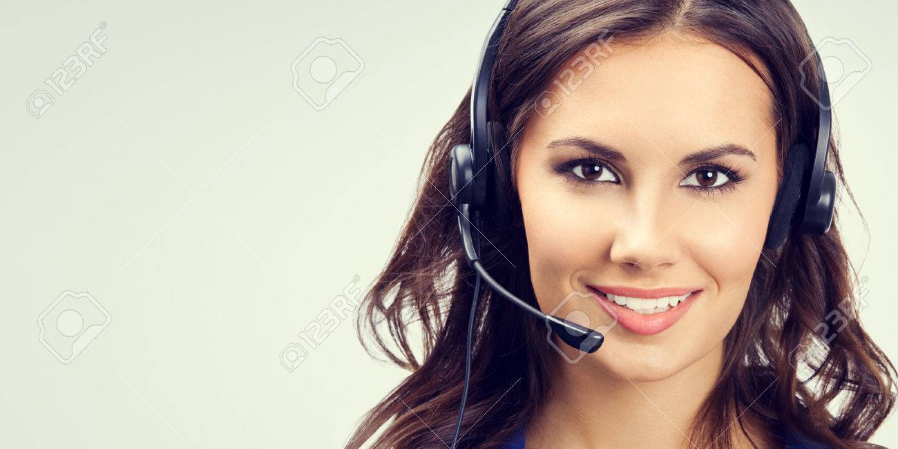 Portrait of cheerful young support phone operator or businesswomen in headset, with blank copyspace area for slogan or text. Customer service concept. - 41223485 Portrait of cheerful young support phone operator or businesswomen in headset, with blank copyspace area for slogan or text. Customer service concept. - 41223485
