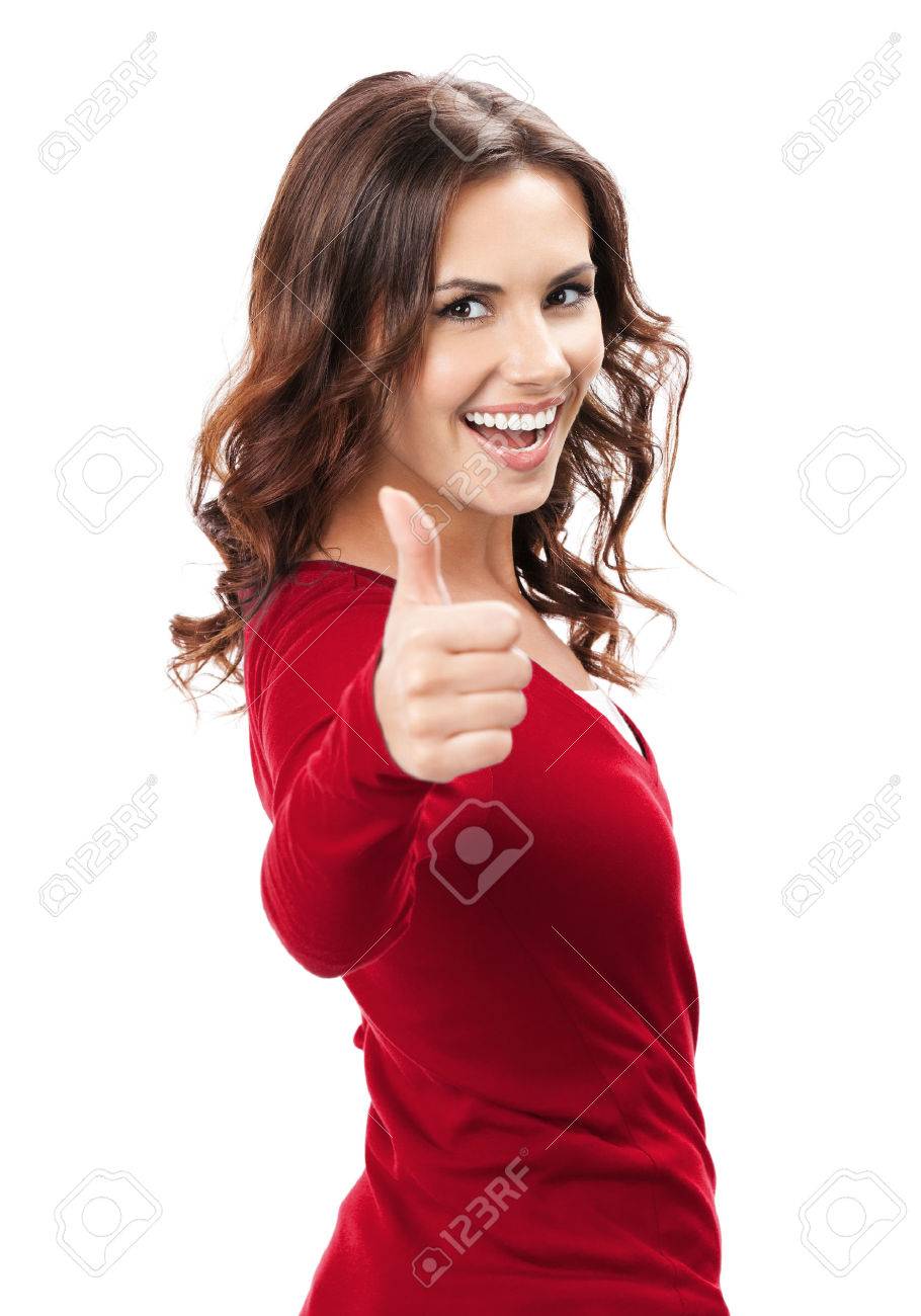 Happy smiling beautiful young brunette woman showing thumbs up gesture, isolated on white background - 41223975 Happy smiling beautiful young brunette woman showing thumbs up gesture, isolated on white background - 41223975