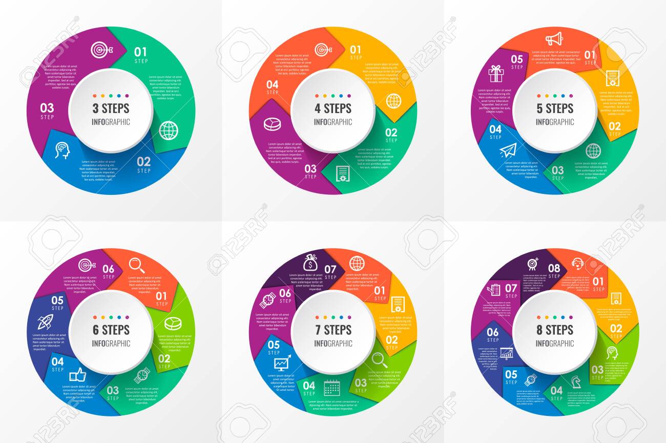 Vector Infographic circular arrows with icons and 3, 4, 5, 6, 7, 8 options or steps. Business concept. Can be used for presentations banner, workflow layout, process diagram, flow chart, info graph - 141241064 Vector Infographic circular arrows with icons and 3, 4, 5, 6, 7, 8 options or steps. Business concept. Can be used for presentations banner, workflow layout, process diagram, flow chart, info graph - 141241064