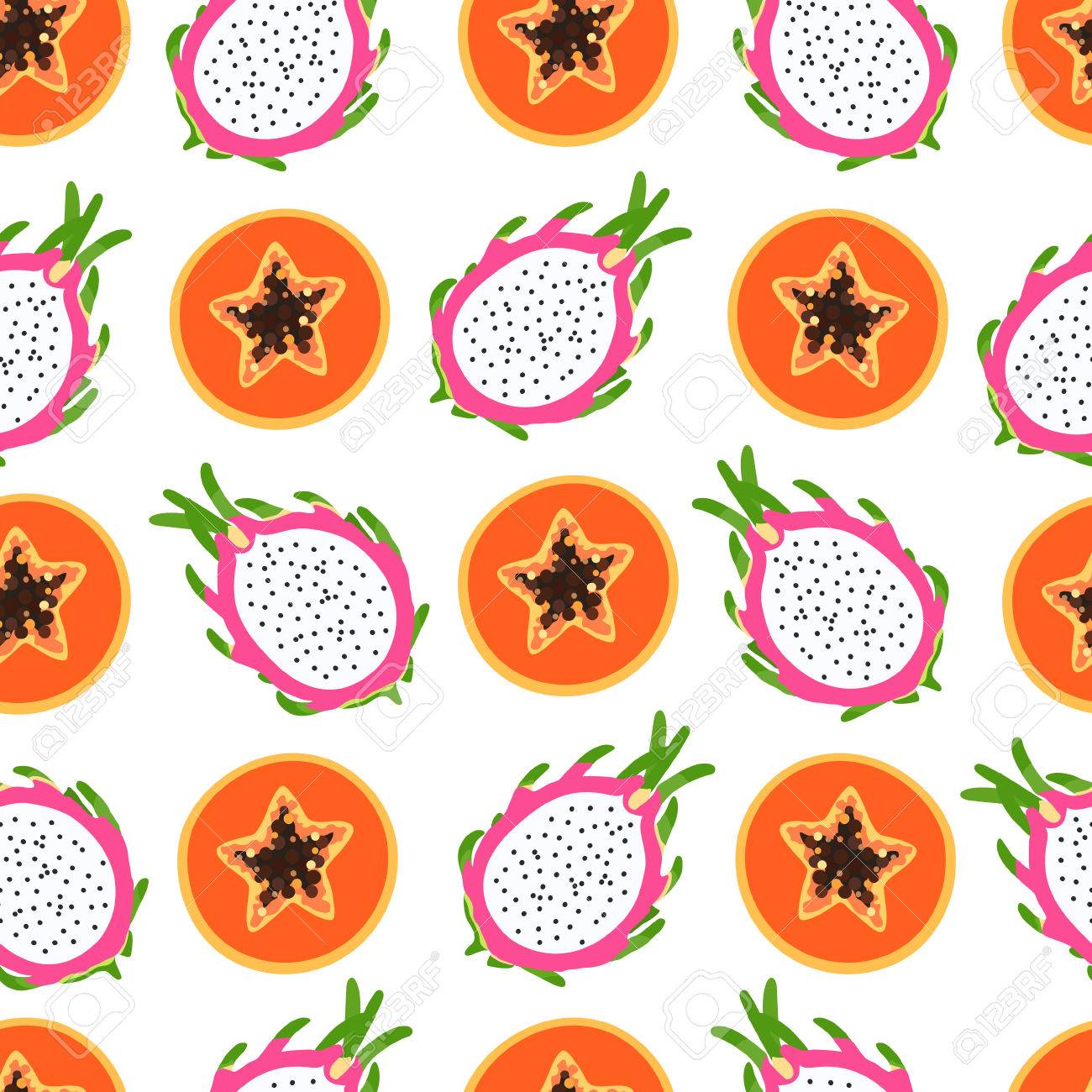 明るい熱帯パターン パパイヤ ドラゴン フルーツ 白地に種子の断面の半分 のイラスト素材 ベクタ Image